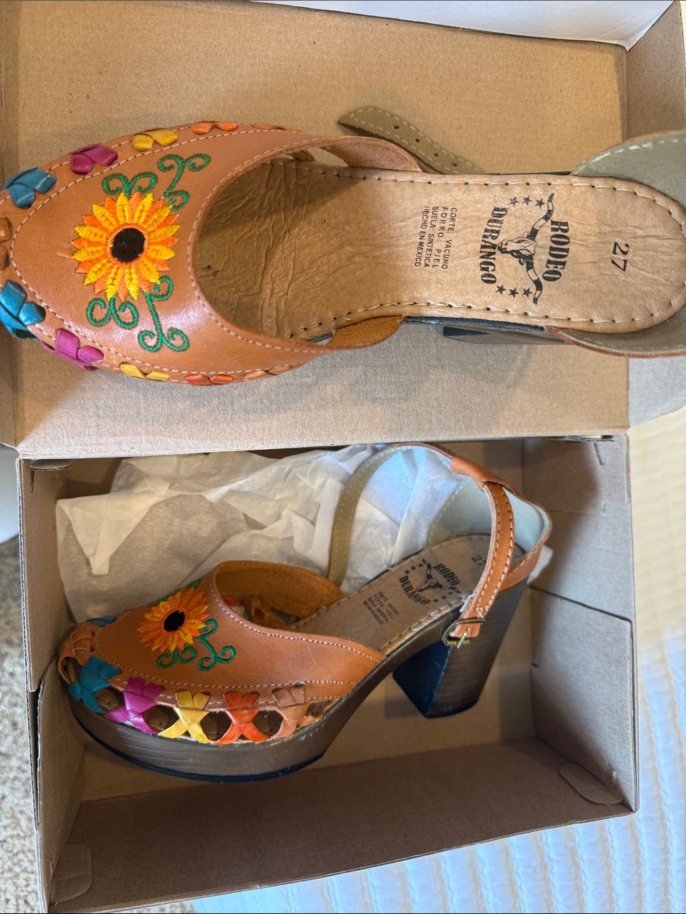 Durango Tan Full Leather Sunflower Embroidered Slingback Heels